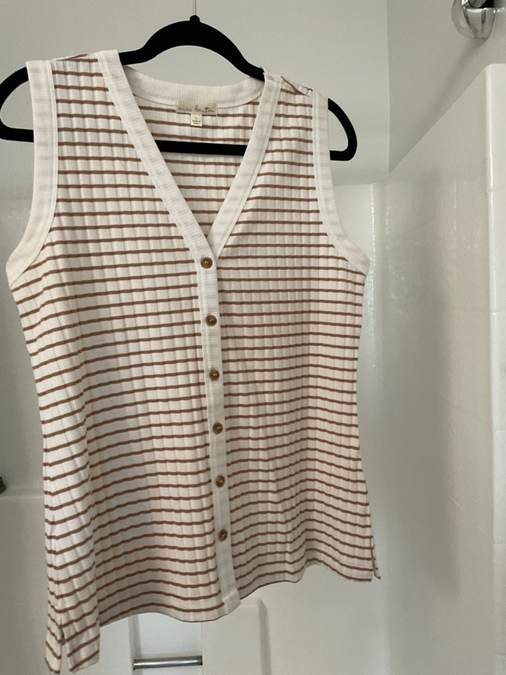 nine britton White & Brown Striped Button-Front Knit Tank